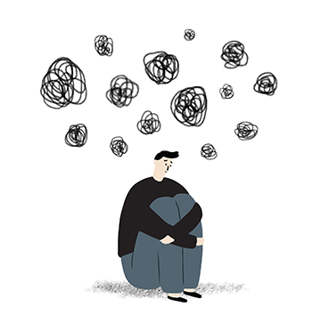 Man sitting with scrambled thoughts above his head