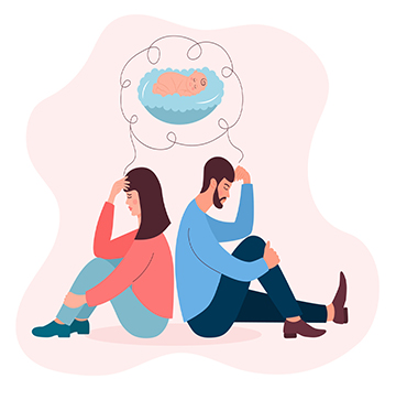 Worried couple sitting back to back with an image of a baby above their heads.