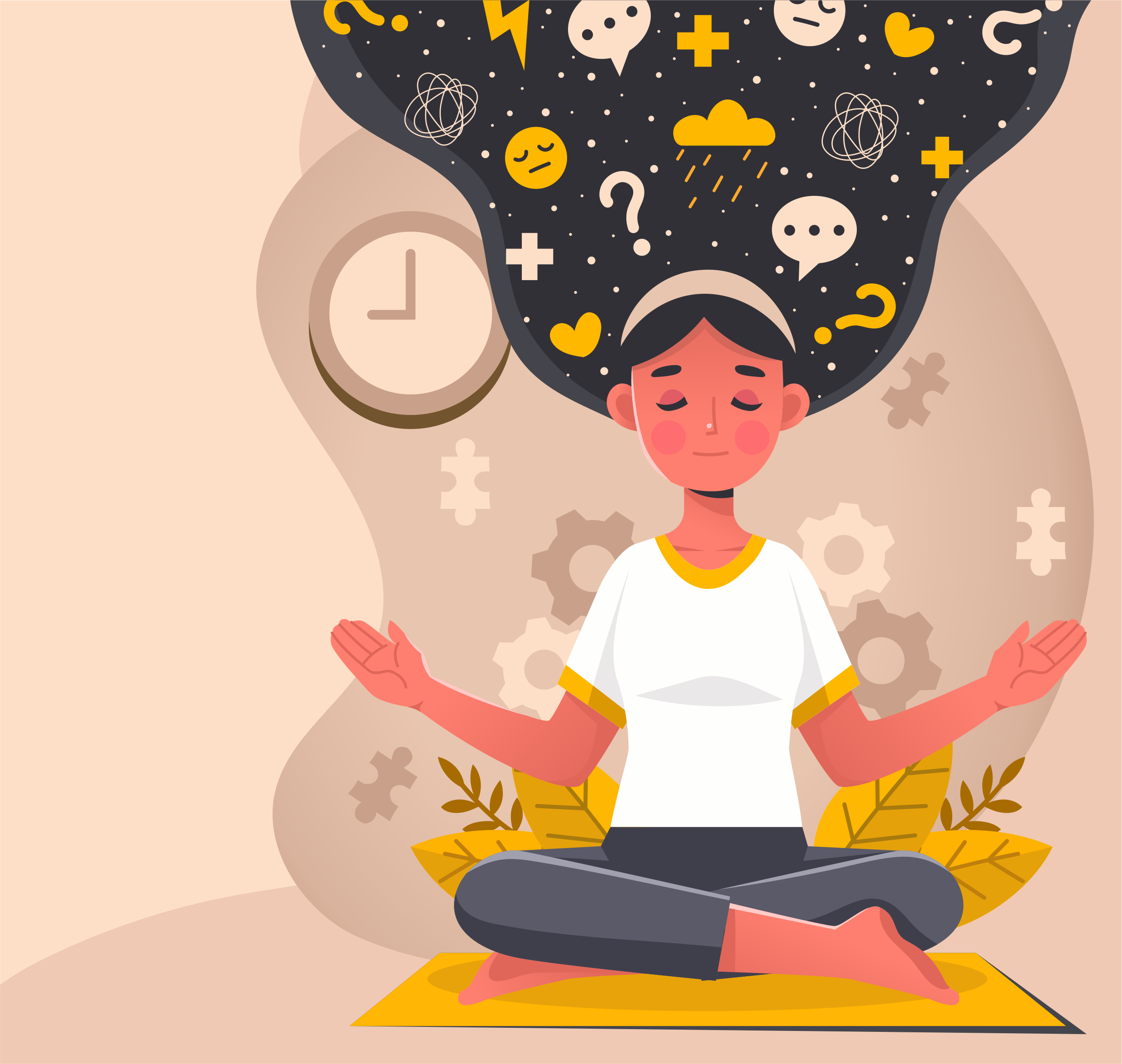 Image of woman meditating with thoughts swirling above her head.