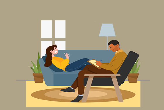 Woman on therapy couch with therapist taking notes in chair.