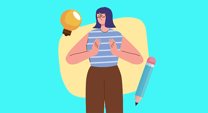 Woman with pencil and lightbulb illustration
