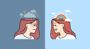 Image of two female faces one with worries in her head and one with rainbows.