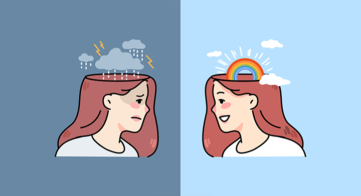 Image of two female faces one with worries in her head and one with rainbows.