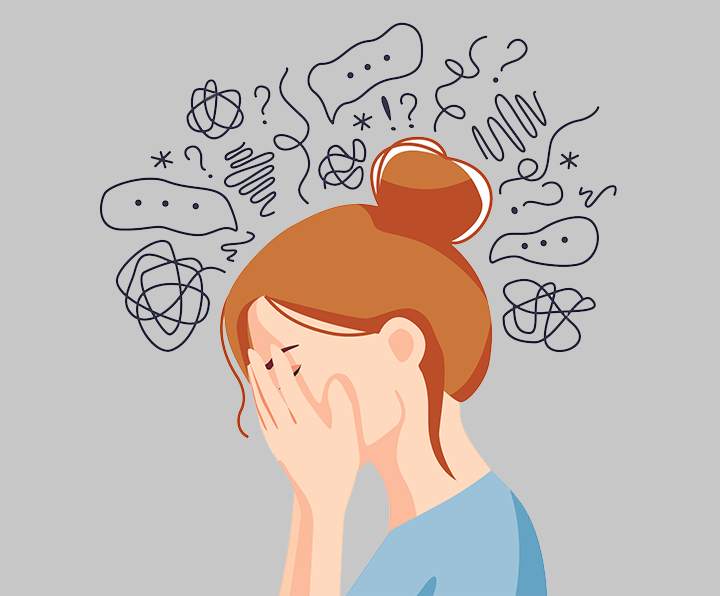 Gray background woman with head in hands and swirling thoughts