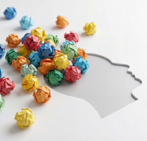 Colorful crumpled paper with outline of head symbolizing mental overwhelm