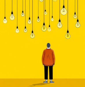 Person standing below a lot of light bulbs that symbolize ideas.