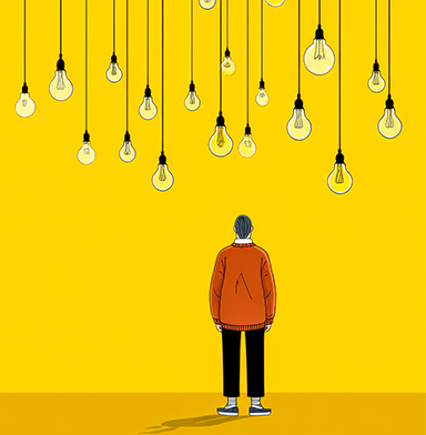 Person standing below a lot of light bulbs that symbolize ideas.