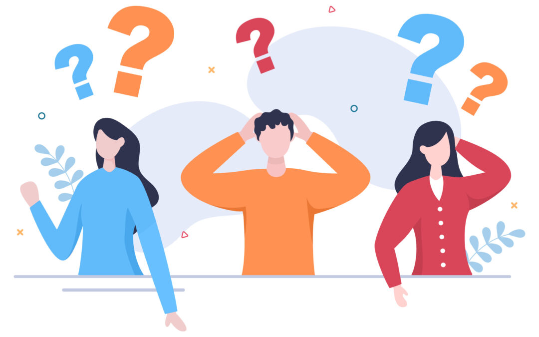 Three people struggling with questions above their heads