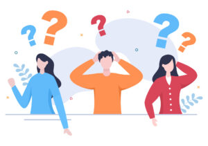 Three people struggling with questions above their heads