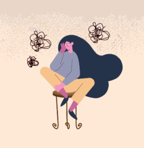 Illustration of woman on stool with confused squiggles for thoughts