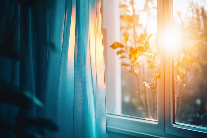 Sunlight shining through sheer curtains