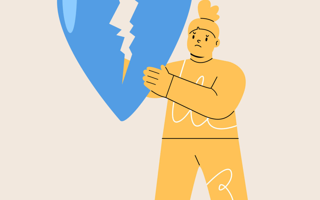 Illustration of woman holding blue broken heart