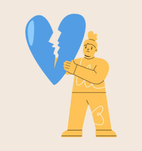Illustration of woman holding blue broken heart