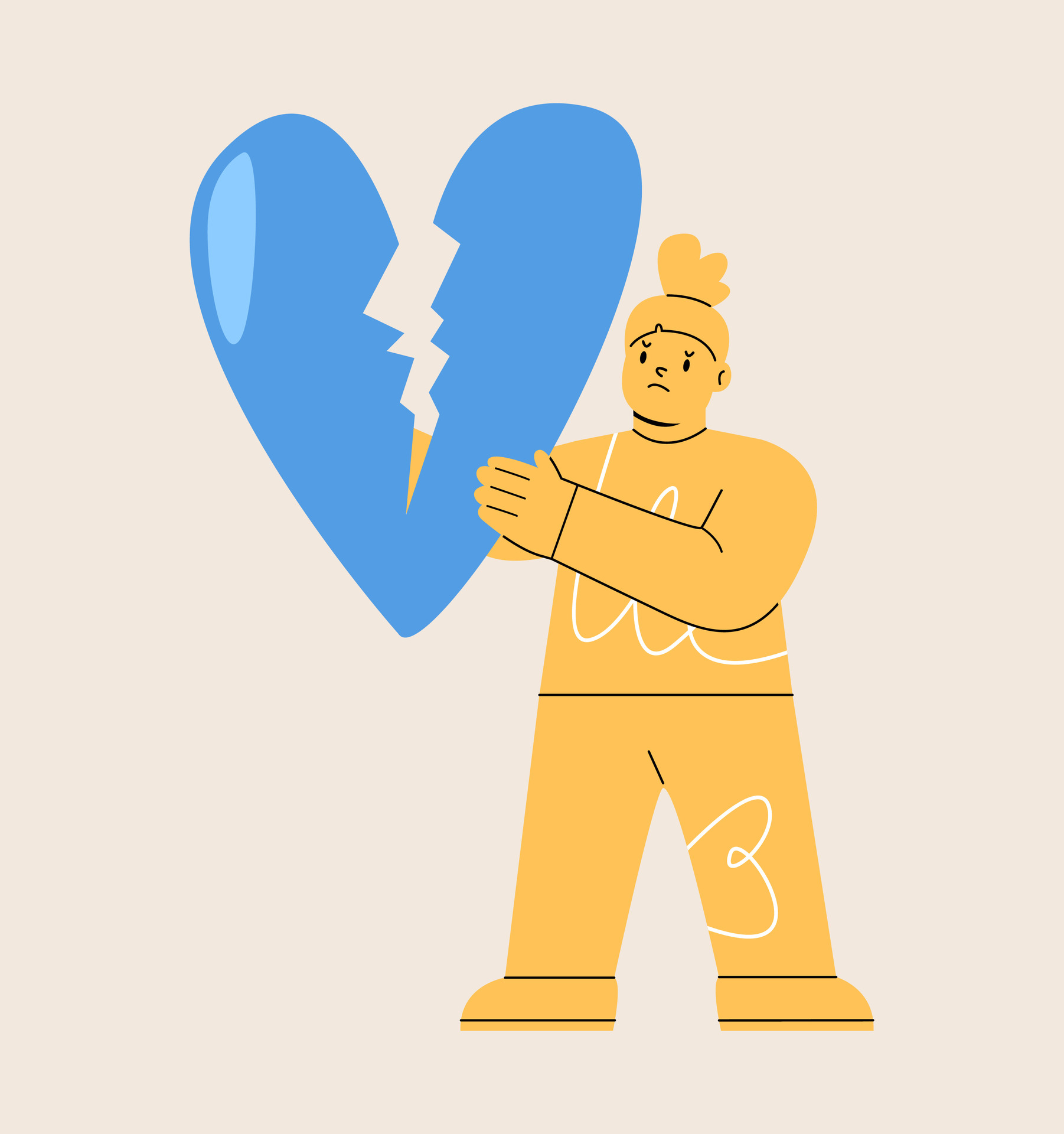 Illustration of woman holding blue broken heart