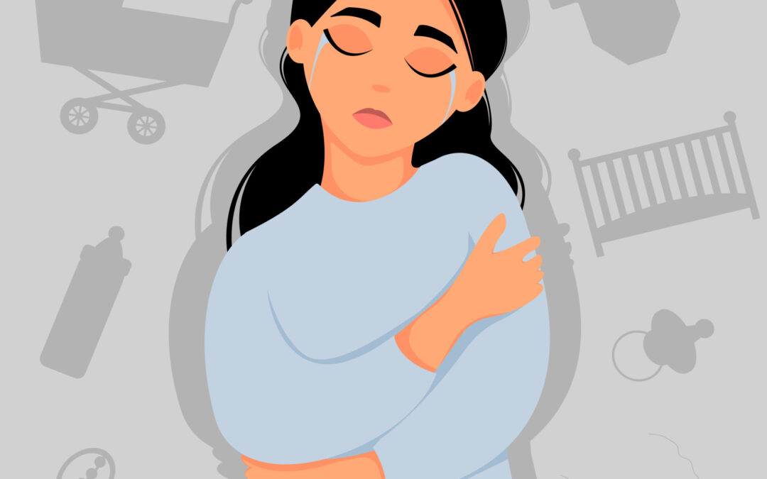 Woman hugging self with baby images in background