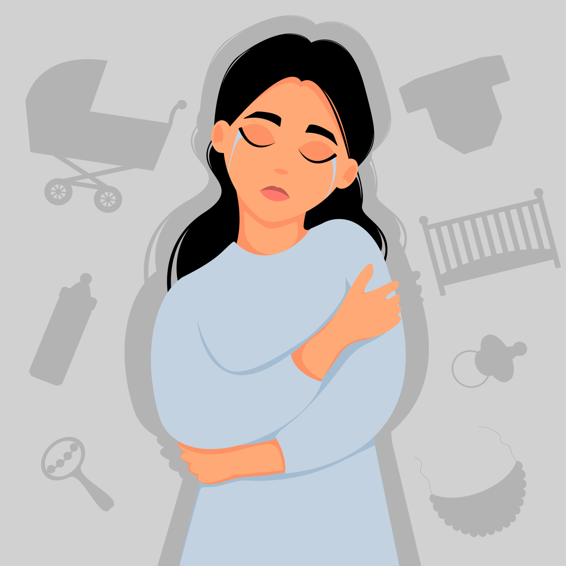 Woman hugging self with baby images in background