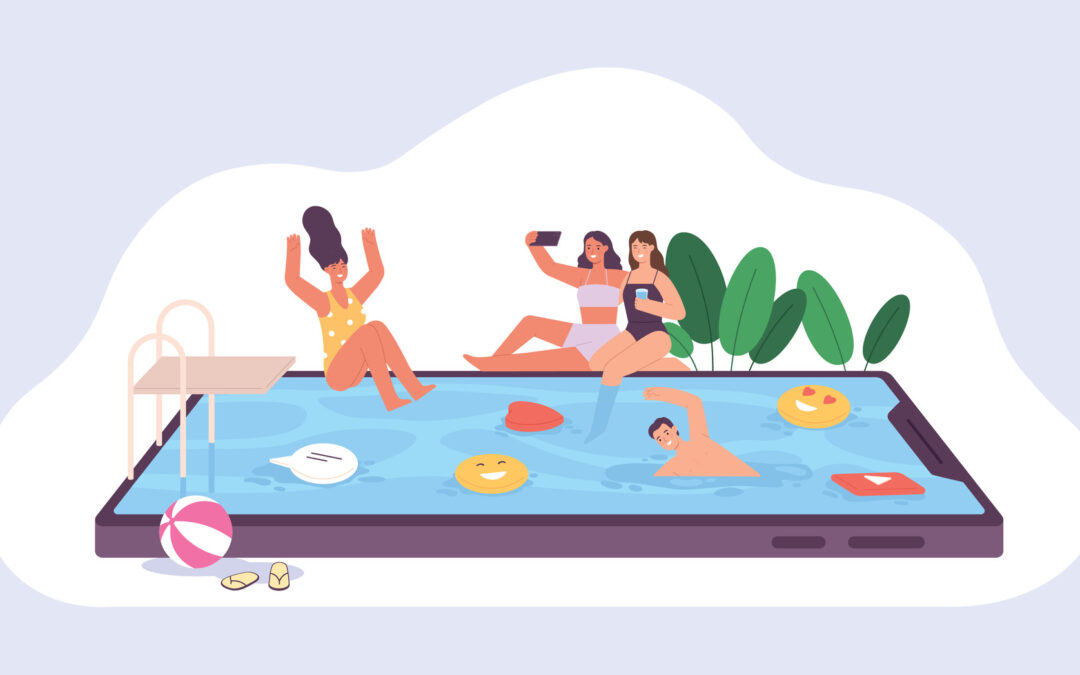 Illustration of young people around pool