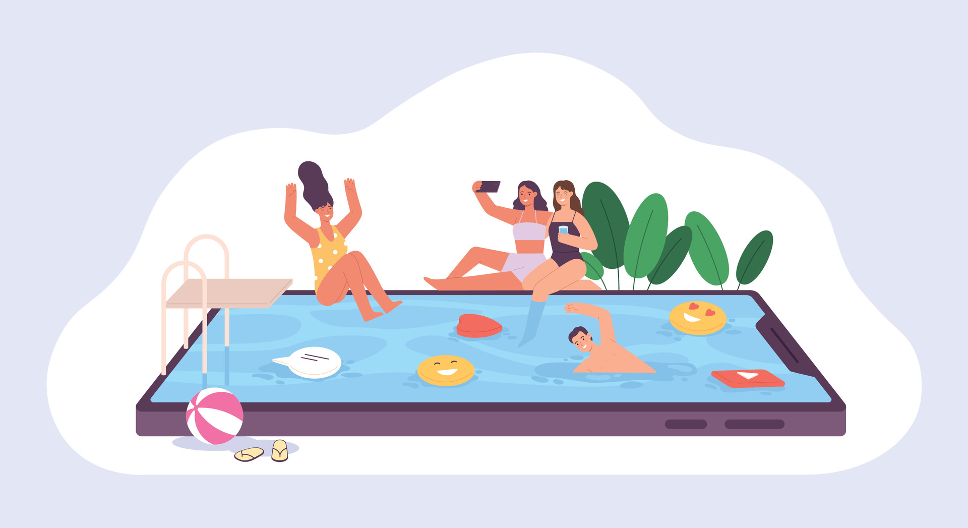 Illustration of young people around pool