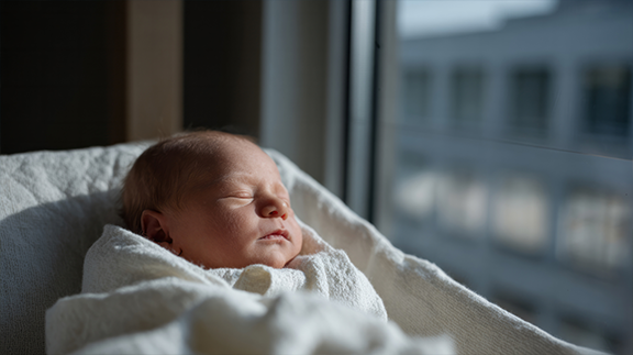 Swaddled newborn baby in hospital