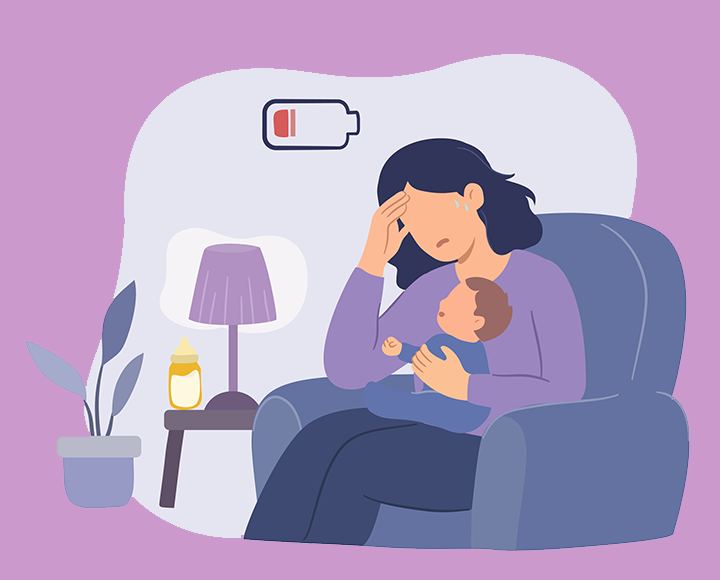Worried mom in chair with child and low battery